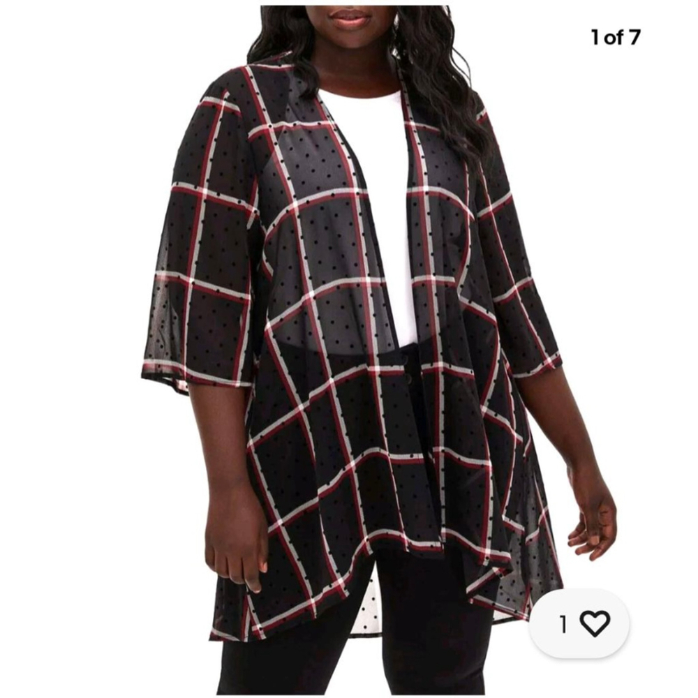 Women's Torrid Cardigan, Size 1, Black and Red sheer plaid overlay